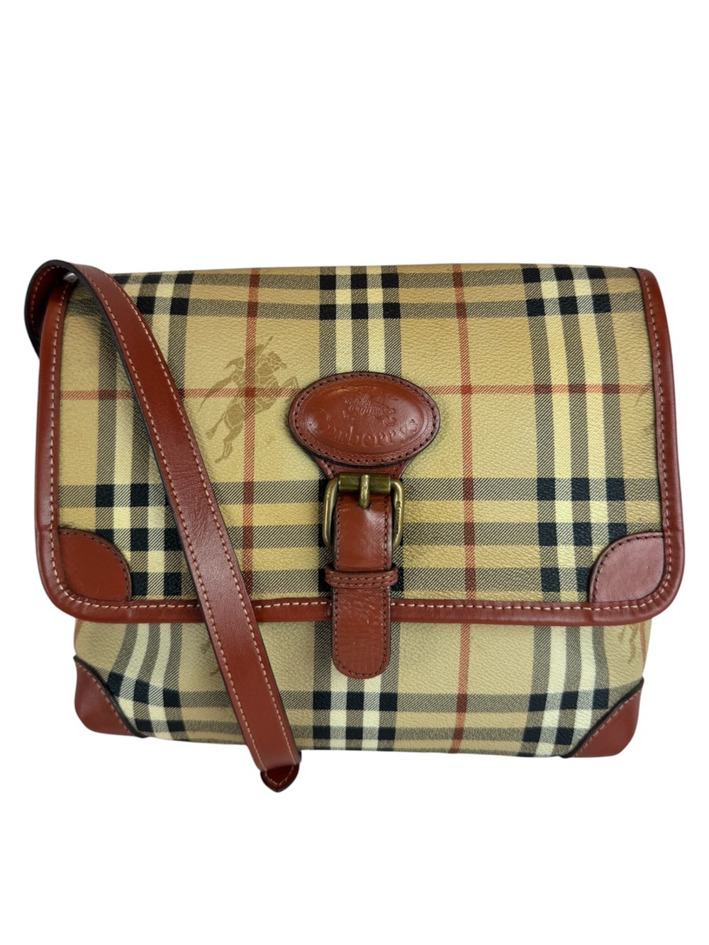 Burberry-Inspired Beige Check Crossbody Bag with Brown Leather Trim